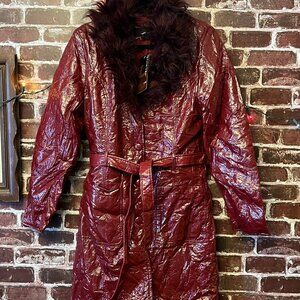 NWT HG Outerwear Burgundy Patent Vinyl Trench Coat with Faux Fur Collar